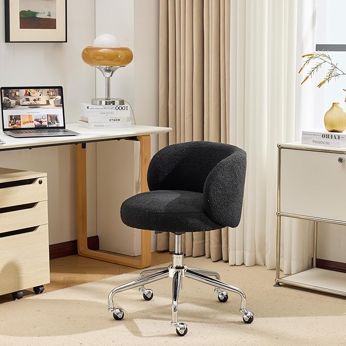 VINGLI Cute Small Swivel Desk Chair Comfy with Wheels,Ergonomic Low-Back Lumbar Support Vanity Nail Tech Rolling Task Stool Chair for Home Office,Height Adjustable,Teddy Fleece,Black