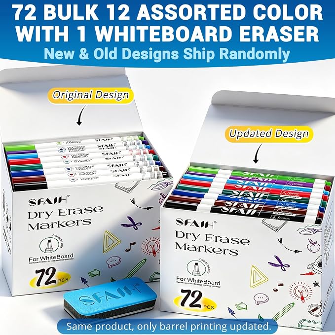 SFAIH Chisel Tip Dry Erase Markers, 72 Pack,12 Colors, with Magnetic Eraser | 1s Quickly Dry, Low Odor, Non-Toxic Ink, White Board Markers for Office, Essential Supplies for Teachers, Back to School