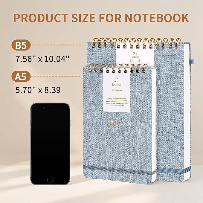B5 Top Spiral Notebook, 192 Pages College Ruled Journal | 7.36" x 9.84" Fabric Hardcover Steno Pads, Elastic Band & Pen Holder 100GSM Thick Paper for School, Travel, Daily Writing