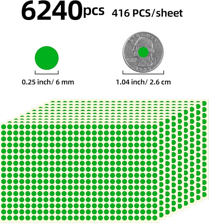 1/4" Small Colored Dot Stickers 6240 PCS Round Circle Stickers Tiny Green Coding Labels Mini Sticker for Office,Classroom (Green, 1/4" (6 mm))