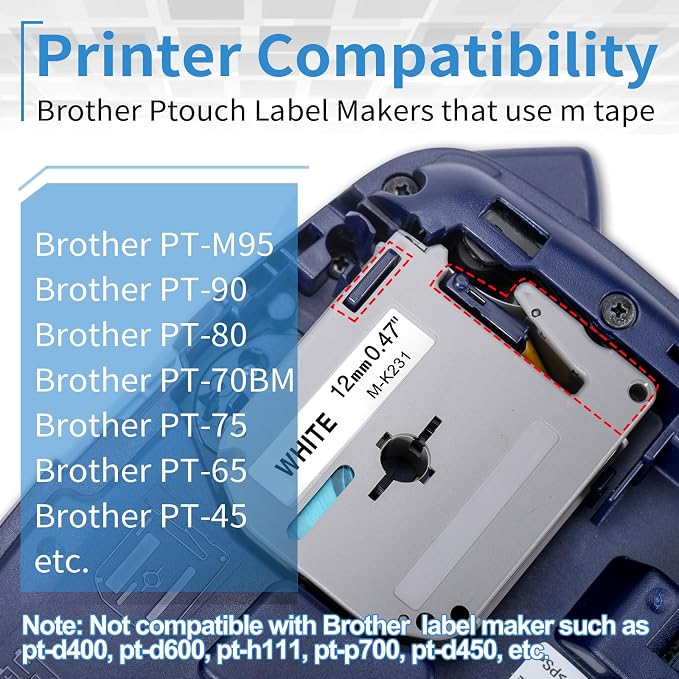 20 Pack Labelife M-K231 Replace for Brother P Touch M Tape 12mm 0.47 White | M-K231s MK231 Label Tape M231 M-231 Compatible with Brother Ptouch Model PT-65 PT-M95 PT-85 PT-75 Label Maker Refills