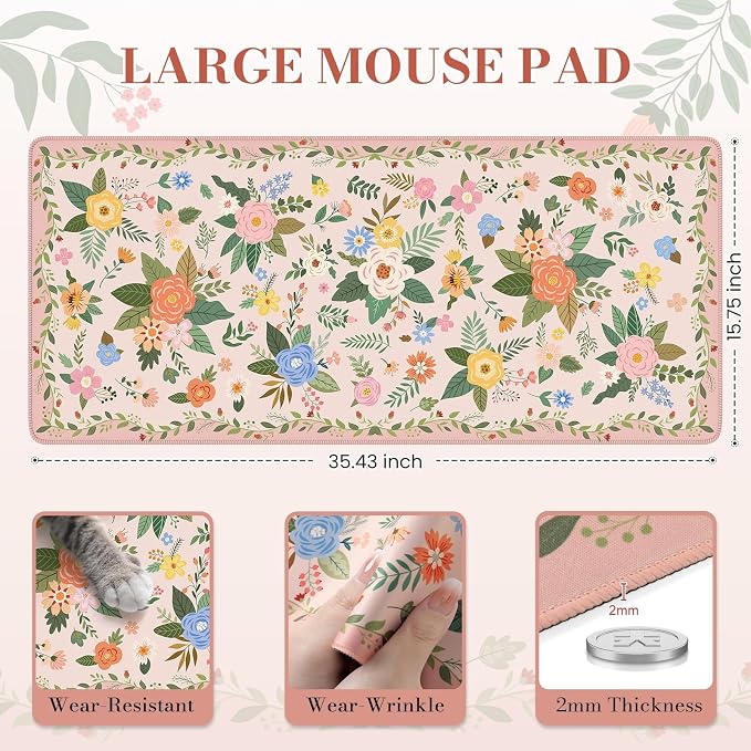 iCasso Floral Desk Mat for Keyboard and Mouse, Pink Floral | Cute Gaming Mouse Pad,Anti-Slip Soft Lycra Surface Computer Mat Women,Girly Big Mousepad for Home Office