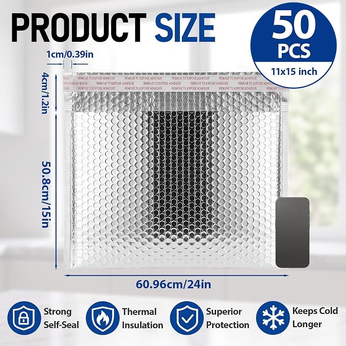 50 Pack 24 x 20 Inch Insulated Bubble Mailers, Silver | Self Adhesive Closure, Foil Lined Interior, Padded Cushioning, Waterproof, Cold Delivery Packing, for Food and Cosmetics