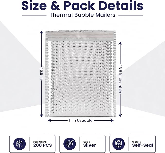 Waterproof Insulated Foil Thermal Bubble Mailers 13.5x11, 200-Pack | Ideal for food, skincare, cosmetics & perishables. Tear-resistant metallic lining protects temperature-sensitive items.