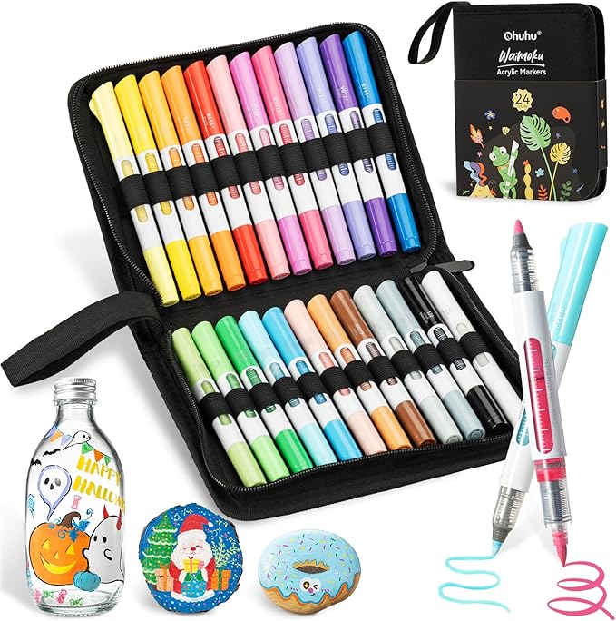Ohuhu Acrylic Paint Markers Dual Tips 24 Colors Brush & Bullet Automatic Ink Control Acrylic Markers High Opacity Paint Pens Waterproof for Rock Painting 3D Prints Easter Egg Wood DIY Crafts - Waimoku