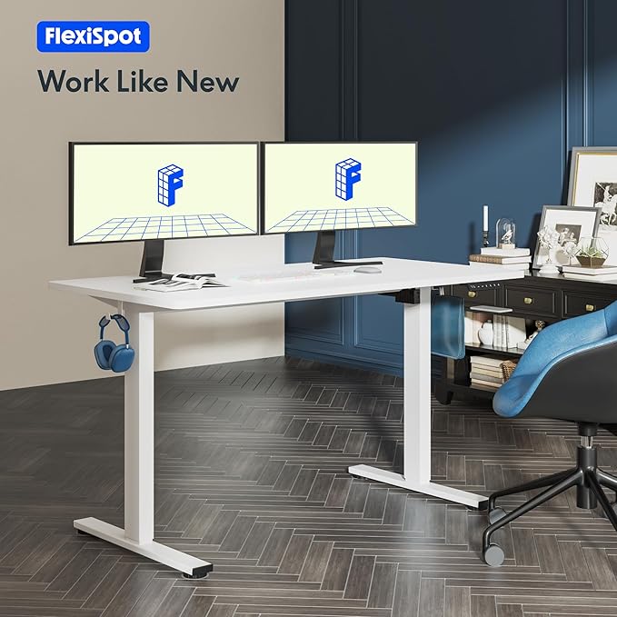 FLEXISPOT 55"x28" One-Piece Electric Standing Desk, 1" Thick Seamless Desktop for Home Office, Study & Multi-Monitor Setup, White