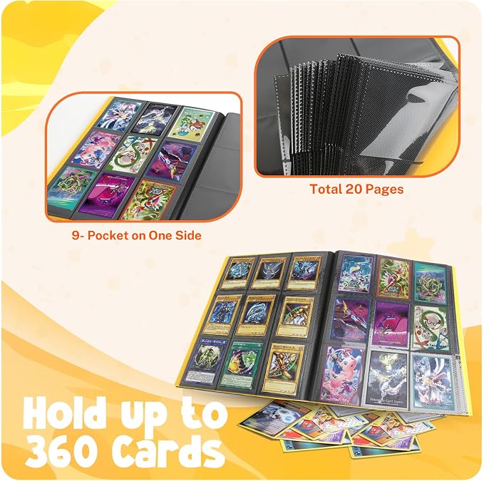 Card Binder, 9 Pocket Trading Card Album Folder,20 Pages, 360 Card Capacity Sports Card Binder, Premium Card Binders Compatible with MTG, TCG, Baseball Cards (Yellow)