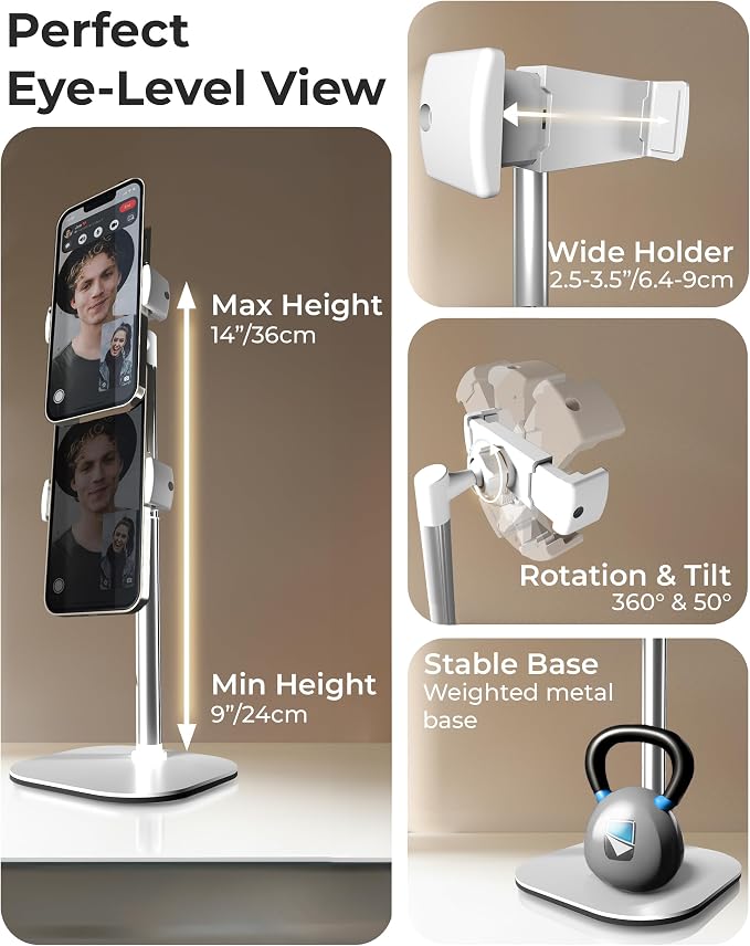 COOPER ChatStand Sturdy Cell Phone Holder, iPhone Stand for Desk, Recording | 9-13" Adjustable, Weighted Metal Base, Tabletop Tripod, for Filming, Video Calls, FaceTime; fits all iPhone, Samsung, Android