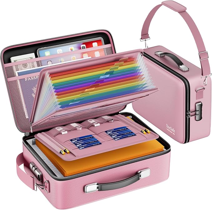 DocSafe Fireproof Document Box Hard Case with Lock ＆ Accordion File Folder | Fire and Water Resistant Safe Box,File Organizer,Multi-Pocket,Home Office Travel Storage for Important Document,Laptop,Pink