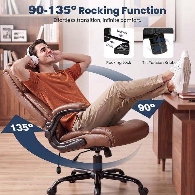 Ergonomic Office Chair, High Back Leather Executive Desk Chair | Inflatable Lumbar Support, Padded Arms for Elbow Comfort, Heavy-Duty Rocking Chair for All-Day Sitting, Plush Wide Seat Brown