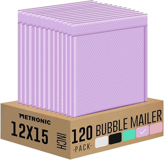 Metronic 120Pack Bubble Mailer 12x15 Inch Lavender Waterproof Padded Envelopes Self-Seal Large Bubble Mailers Cushioning Bubble Envelopes for Shipping,Books,Jewelry Makeup Supplies