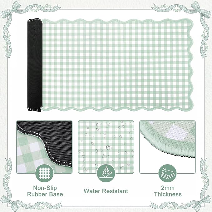 Green Gingham Desk Mat Set with Wrist Rest, Ergonomic Design, Scalloped Edge Keyboard Mouse Pad Set Large 35.4x15.7 Inch, Memory Foam Wrist Support, Non-Slip Desk Pad Home Office Decor