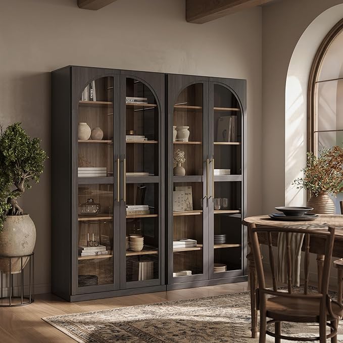 BELLEZE 67" Storage Cabinet Set of 2, 6 Shelf Glass Bookshelf Display Cabinet, Modern Wood Wine Curio Cabinets with 4 Adjustable Shelves, Trophy Display Case for Living Room, Wine, Ebony