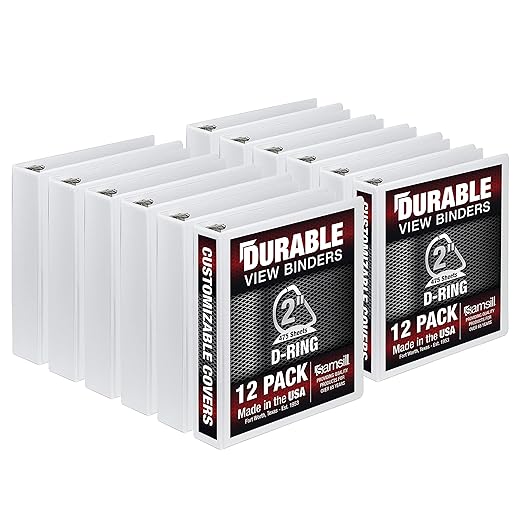 Samsill Durable 2 inch 3 Ring Binder, D Ring Binder, 100% Recycled Chipboard, White, 12 Pack