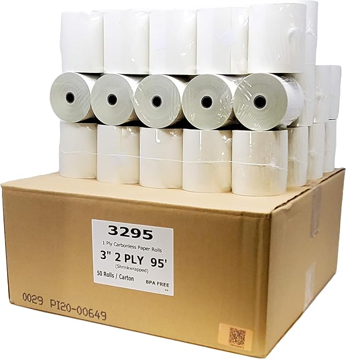 BuyRegisterRolls 2 Ply Carbonless Rolls (500 Rolls) 3 X 95 Feet Carbonless White/Canary Kitchen Printer Paper Rolls With Solid Tube Core