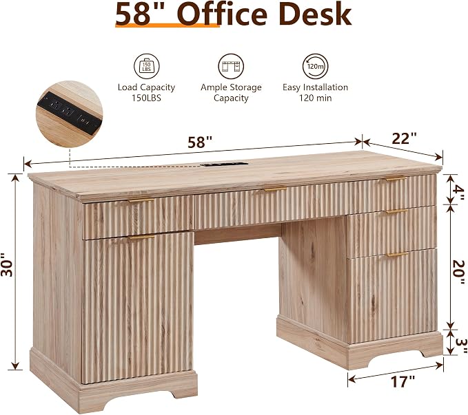 58" Modern Wood Executive Desk with 5 Drawers & 1 Cabinet, Built‑in Outlet | Wood Home Office Desk with 5 Drawers & 1 Cabinet, Fluted Computer Writing Desk for Study, Living Room, Bedroom, Oak