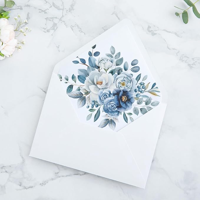 PONATIA 50PCS A7 Euro Flap Envelopes, 5.25 x 7.25'' Liner Envelope For 5x7'' Weddings Invitation Cards, Christmas Gift Cards, Acrylic Invitations, Photos (White & Dusty Blue)