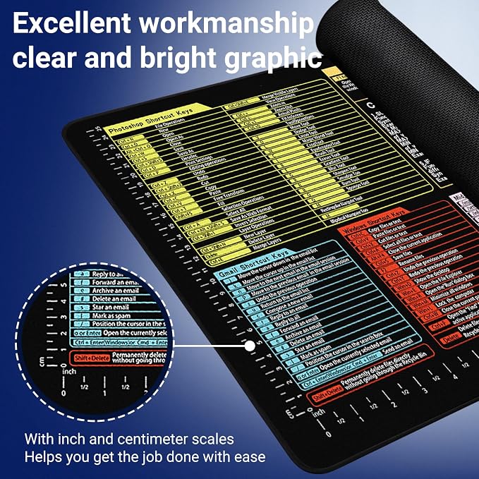 Excel/Word/PS/Gmail/Windows/Mid Journey Cheat Sheet Desk Pad - Waterproof Desk Mat with Inch Scales,Non-Slip Large Excel Cheat Sheet Keyboard Mat for Desktop,Gift(Common Office Software 02)