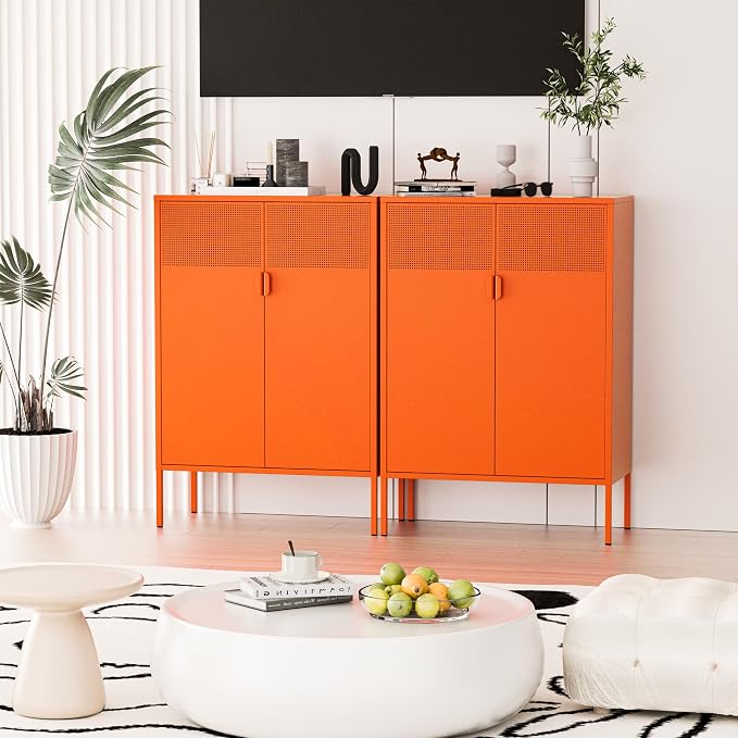 Washsemba 2 Mesh Door Metal Cabinet with Adjustable Shelves, Multipurpose Orange Storage Cabinet, 3-Tier,Metal Storage Cabinet for Office Home,Hallway(Orange, 47''H)