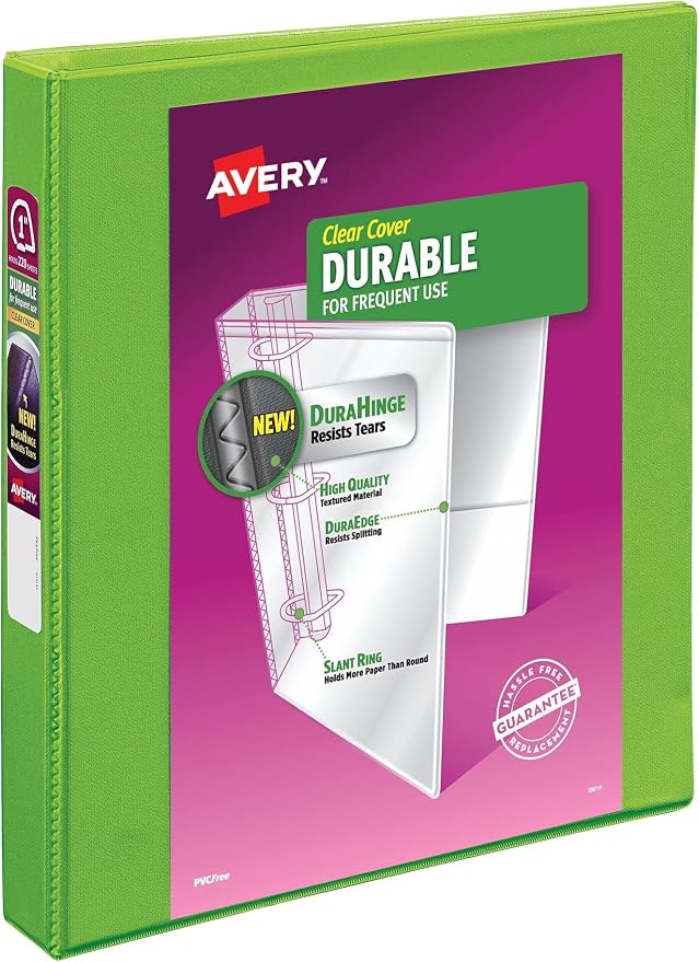 Avery Durable View 3 Ring Binder,1" Slant Rings,250-Sheet Capacity,1.4 Inch Wide Spine,Great for Home,School Supplies,Office,or Organization Needs,1 Green Binder (17832),(Pack of 6)