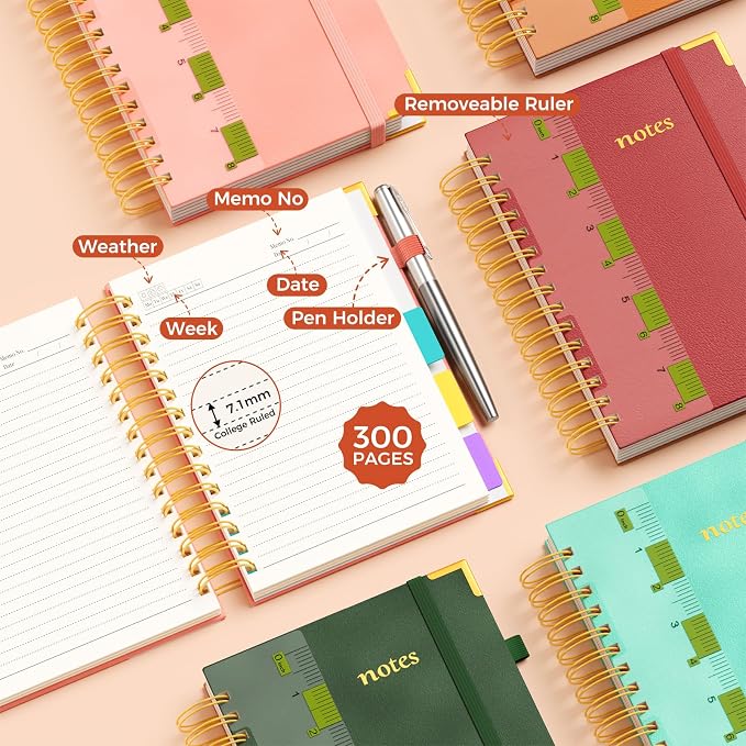 XYark A5 Hardcover Spiral Notebook, 6.3"x8.5" College Ruled Notebooks with Removable Dividers Tabs & Ruler, 5 Subject Notebook 300 Pages, Small Lined Journal for Women Men School Work Office, Red