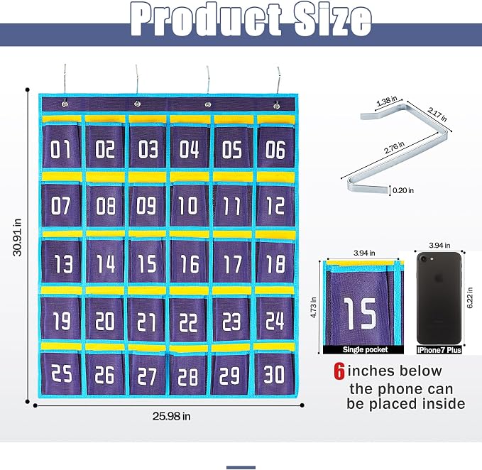 Loghot 30 Numbered Pockets Classroom Pocket Chart for Cell Phone Holder | Wall Door Hanging Pocket Organizer for Phone Calculator Holder, Phone Pouch for School Classroom & Office Phone Management