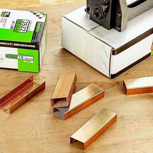 meite Carton Closing Staples 16 Gauge 1-3/8" Wide Crown 7/8" Leg Copper-Coated Box Staples for Pneumatic or Manual Box Stapler Cardboard Sealer Packaging (7,000PCS)