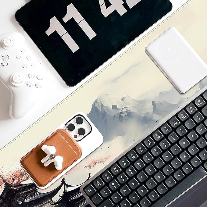 Cherry Blossom in Ink Gaming Mouse Pad 31.5x11.8 Inch White Full Desk Japanese Sakura Mousepad Extended Large Non-Slip Rubber Base Waterproof Big Keyboard Mat with Stitched Edges for Gaming and Office