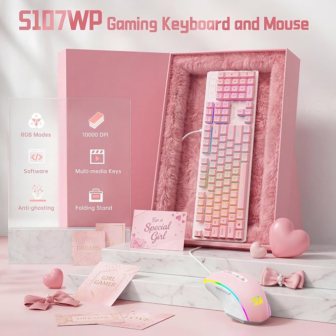 Redragon Updated S107WP Gaming Keyboard and Mouse, RGB Gaming Keyboard and 10000 DPI Mouse Combo with 25-Key Anti-Ghosting, 1K Hz Programmable Mice with Software, Plug & Play to PC, Laptop - Pink