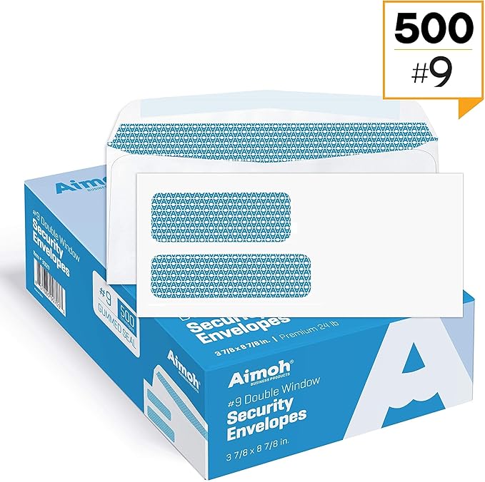 Aimoh #9 Double Window Security Business Mailing Envelopes for Invoices, Statements and Legal Documents - GUMMED Closure, Security Tinted - Size 3-7/8 x 8-7/8 - White - 24 LB - 500 Count (30129)
