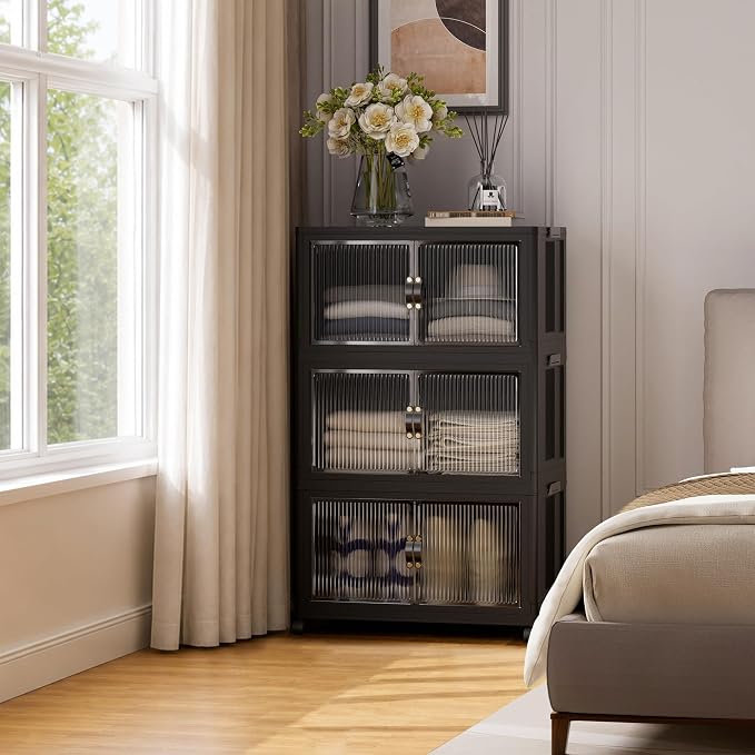SAILUN 348Qt Stackable Storage Bins,Storage Cabinet with a Lid,3 Pack Black | Stackable Storage Drawers with Lids,26" W x 17" D x 43.7" H,Featuring open-front Access for Clothes and Closet Storage