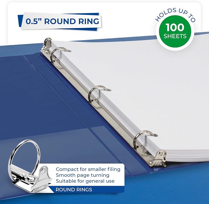 Samsill 0.5 Inch 3 Ring Binders, Economy Round Ring, Clear View Cover, 100 Sheet Capacity - for School, Home, Office - Blue, 12 Pack