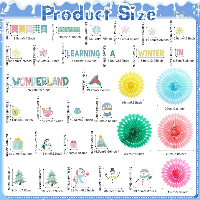 67 Pcs Winter Bulletin Board Decorations Set with 3D Paper Fans | Winter Classroom Decorations, Snowman Snowflake Penguin Xmas Tree Cutouts, Christmas Holiday School and Home Wall Door Decor