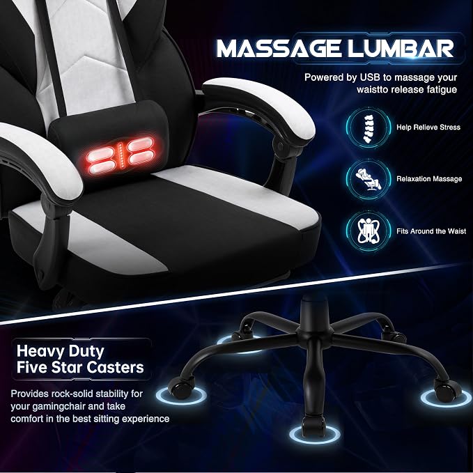 Gaming Chair for Adults with Footrest & Massage Lumbar Support, Ergonomic High Back Gamer Chair, Adjustable Swivel Computer Gaming Chairs with Headrest and Linkage Armrests,Black