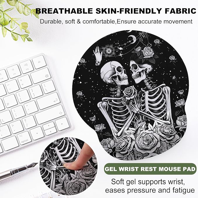 Skeleton Lover Mouse Pad with Gel Wrist Support, Smooth Surface Ergonomic Mouse pad, Non-Slip Pain Relief Desk Mat for Gaming, Work & Office Desktop