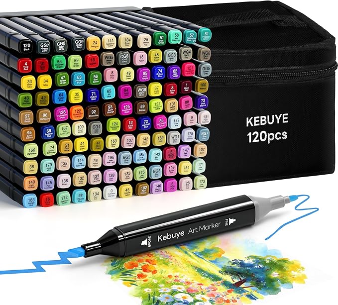 120 Colors Alcohol Art Markers Set, Dual Tips Blender for Drawing, Sketching, Coloring, Underlining, Professional Permanent Sketch Markers for Kids and Adults