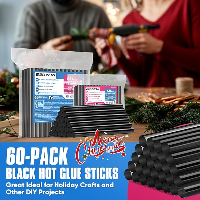 EZUVITA Full Size Hot Glue Sticks, 0.43” Dia x 8” Long, 60-Pack Black Hot Melt Glue Gun Sticks for All-Temp Full Glue Guns, Multipurpose for DIY Art Craft General Repairs, Festival Decorations