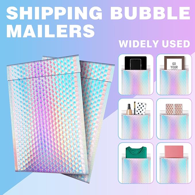25 Pcs Metallic Bubble Mailers, 8x10 Inch Holographic Bubble Mailers, Poly Padded Envelopes, Self Sealing Shipping Bags, Waterproof Cushion Envelopes for Mailing Packaging Small Business