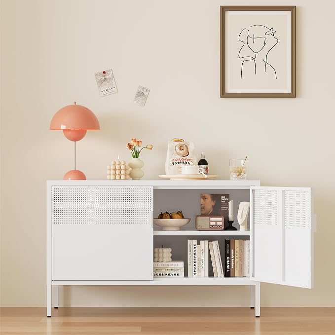 Metal Storage Cabinet,2 Door TV Stand, Metal Mesh Accent Cabinet | Magnetic Door Closure,Low Storage Cabinets with Doors and Shelf for Home,Office,Living Room