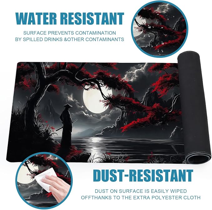 Large Gaming Mouse Pad, Japanese Samurai Desk Mat, XL Extended Big Mousepad with Non-Slip Rubber Base, Keyboard Computer Mat for Gamers, Office &Home, 31.5x11.8in, Red Maple