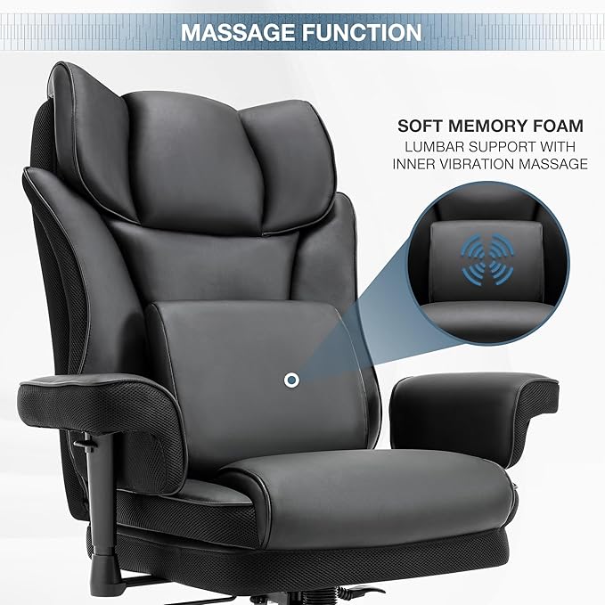 650lbs Big and Tall Office Chair with for Heavy People with Massage Lumbar Pillow, Heavy Duty Executive Desk Chair with Adjustable Padded Armrest & Lumbar Support for Adults 8 Hours Daliy Work