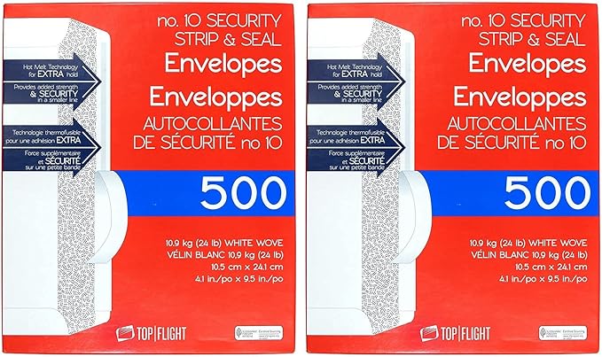 Top Flight PSTF10NWT #10 Envelopes,Strip & Seal,Security Tinted,White Paper,24 lb,500 Count (Pack of 2)