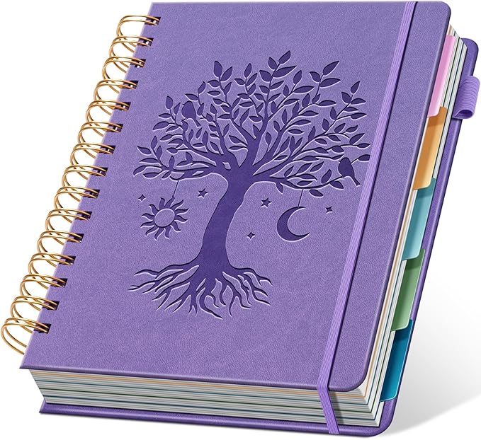 Hardcover Spiral Notebook 6.1" x 8.4" with 5 Removable Dividers 300 Pages Leather 5 Subject Notebook College Ruled 100GSM Large Spiral Notebooks for Work Thick Lined Journal for Women, Purple