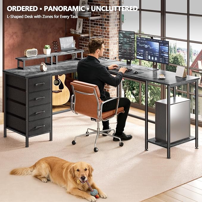 Korfile 66" L Shaped Computer Desk, 94.4'' Home Office Desk with Power Outlets, 4 Adjustable Storage Drawers & 2 Monitor Stands, Large Two Person Gaming Table for Writing Study, Grey