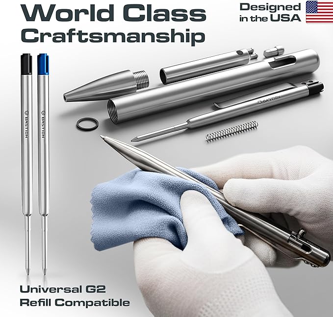 BASTION Luxury Executive Bolt-Action Ballpoint Pen for Men & Women | Ink Refillable Retractable Office Business Writing Pen | Glass Breaker Metal Self-Defense EDC (Stainless Steel)