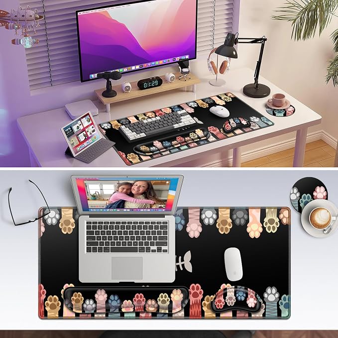 Canjoy Desk Mat with Wrist Rest, Anime Cat Paws Keyboard and Mouse Pad | 4-in-1 Large Mouse Pad(35.4×15.7in) + Keyboard Wrist Rest + Coaster, Kawaii Cute Keyboard Mat Extended Desk Pad Memory Foam