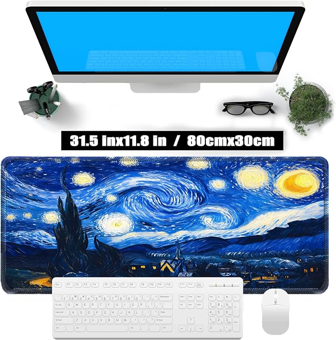 Van Gogh Cat Starry Night Mouse Pad, Large Desk Mat | Gaming Mouse Mat, 31.5x11.8in, Micro-Woven Cloth Surface, Non-Slip Rubber Base, Machine Washable