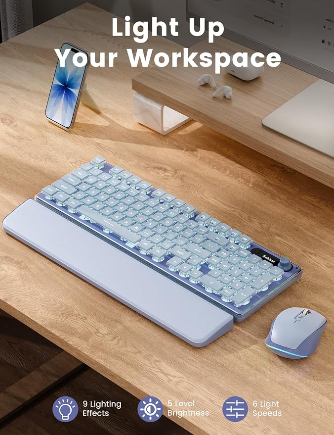 Wireless Keyboard and Mouse Combo - 9 Backlit Effects, Wrist Rest, Double-Shot Keycaps, Metal Panel, Long-Lasting Rechargeable, 2.4G Keyboard Mouse Set for Windows Mac PC Laptop – Sablute (Purple)
