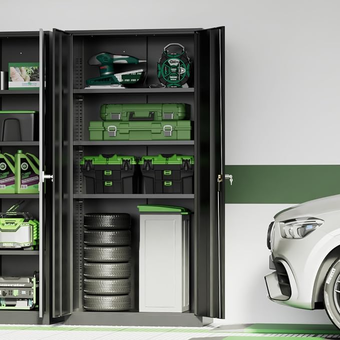 72-Inch Metal Storage Cabinet for Garage, Lockable Steel Cabinet with Doors and Adjustable Shelves, Black Locking Storage Unit for Office, Home, Gym, and School.