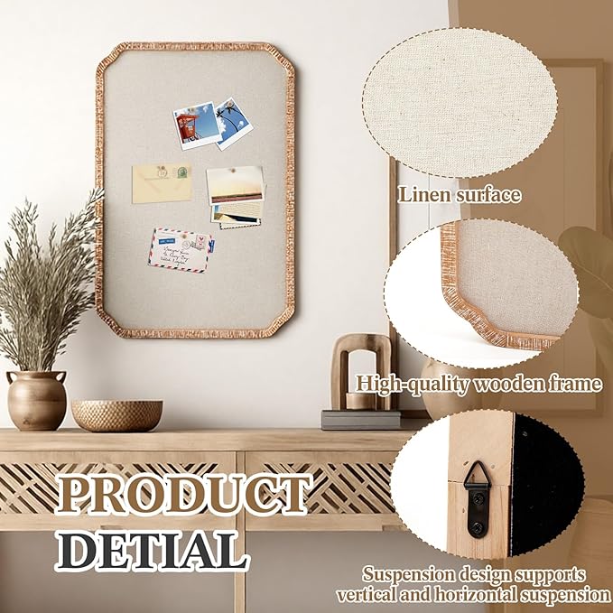 Vintage Framed Pin Board Linen Display Bulletin Board Large Ornate Fabric Picture Photo Pinboard Memo Decorative Prayer Pinboard Ornate for Wall Gift(Scalloped,20'' X 30'',Light Brown)